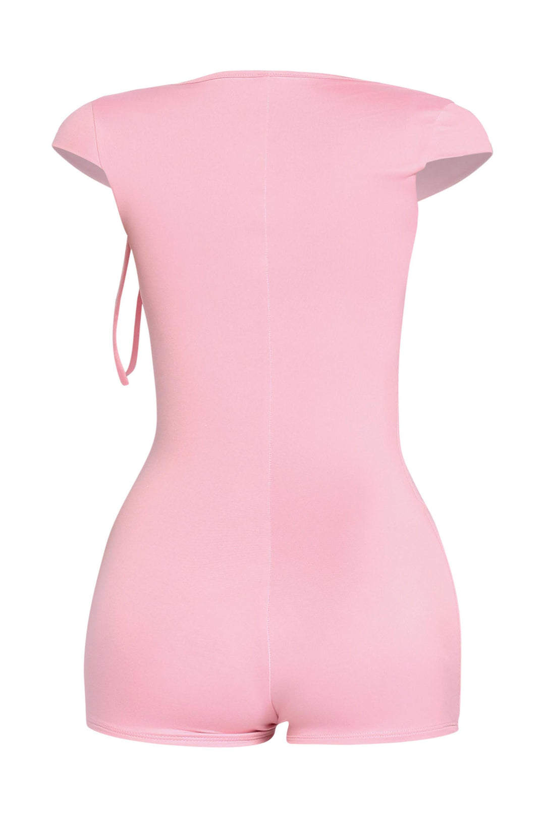 Rear view of baby pink cap sleeve romper with tight silhouette and short hem

