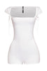 White cap sleeve romper with wide neckline and dainty shoulder tie details in bodycon fit

