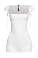 White cap sleeve romper with wide neckline and dainty shoulder tie details in bodycon fit

