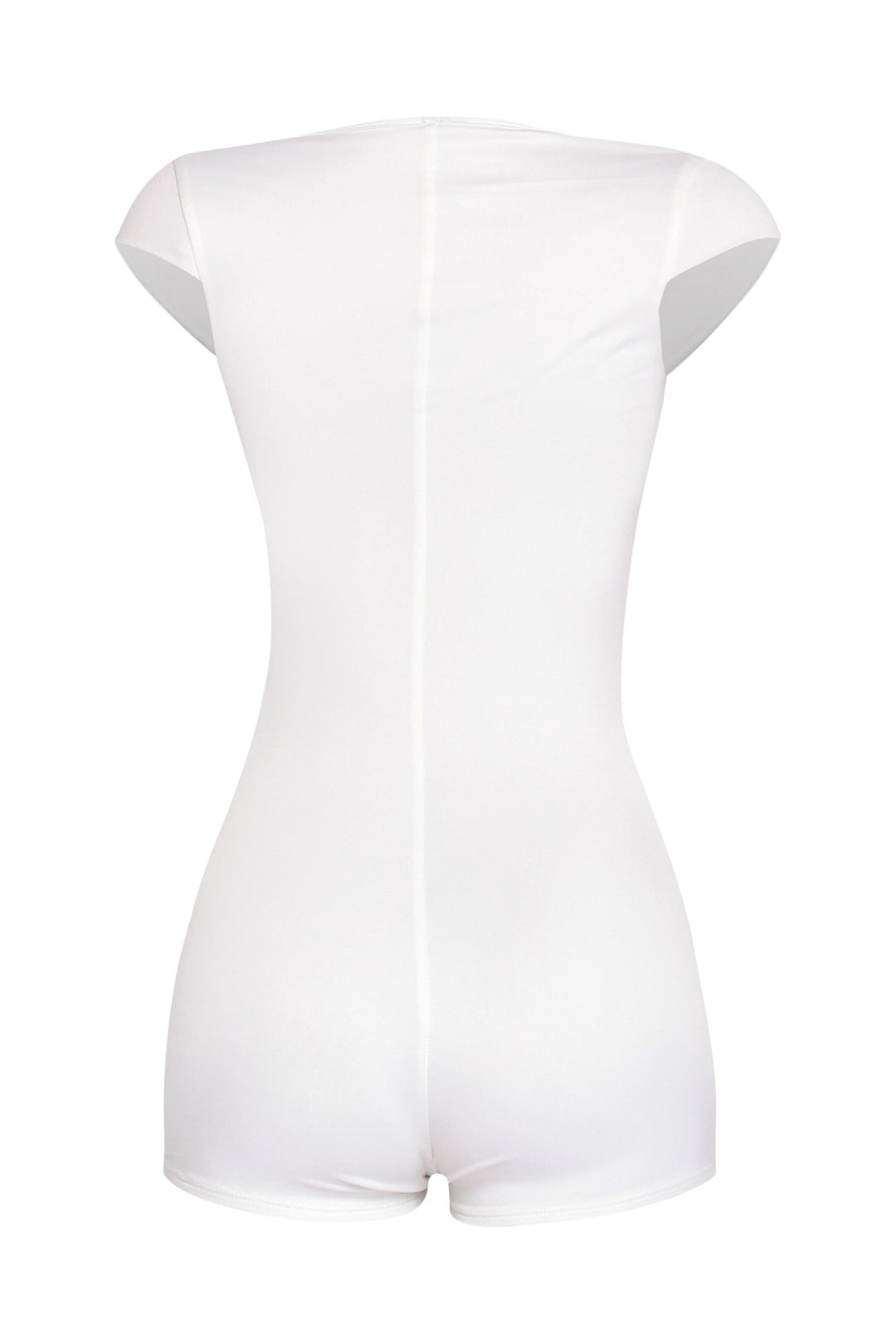 Back view of white square neck romper with seamless hem and soft stretch finish

