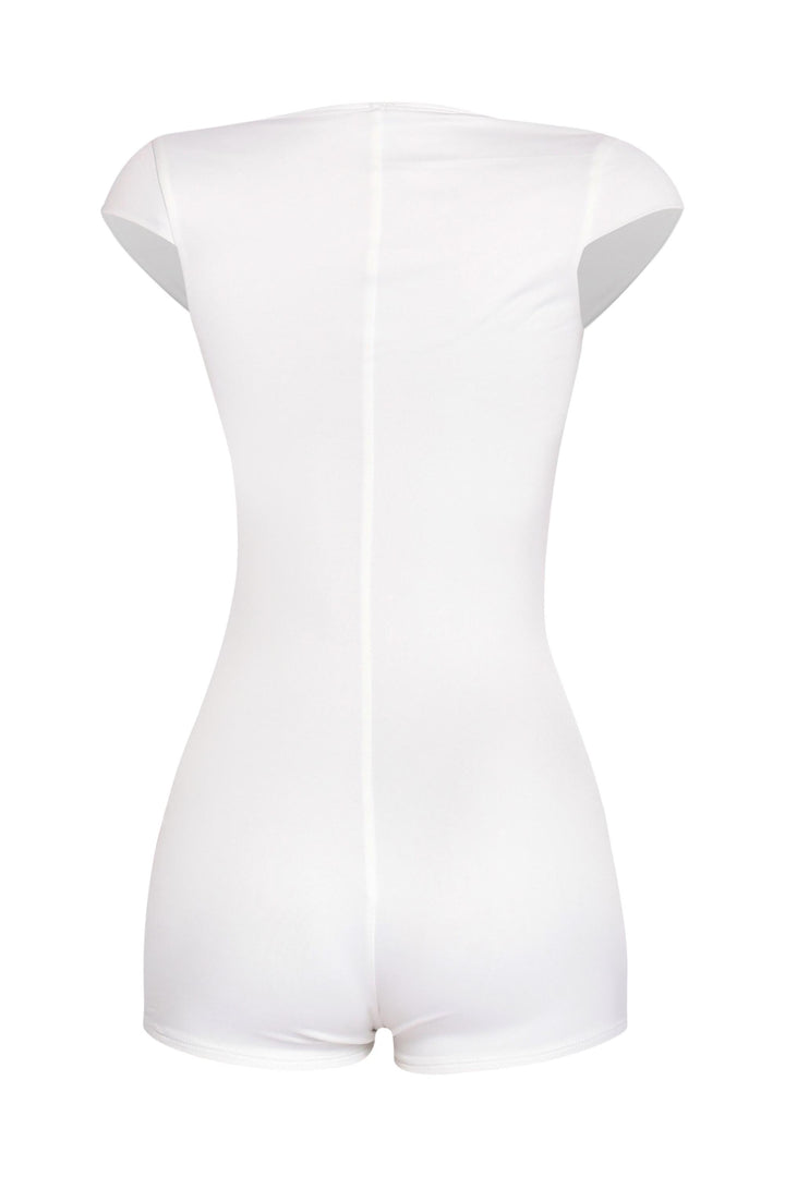 Back view of white square neck romper with seamless hem and soft stretch finish

