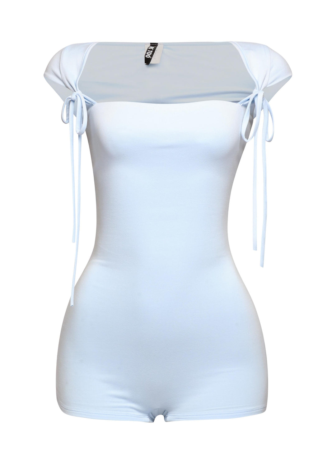 Soft blue square neck romper with snug bodycon fit and lightweight stretch finish

