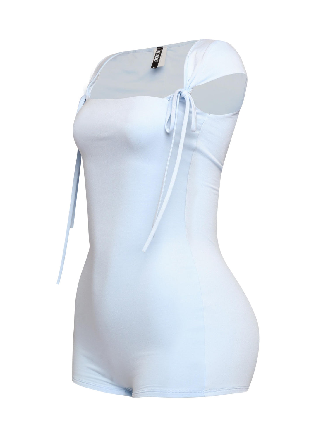 Back angle of baby blue romper with square neckline and form-hugging mini cut

