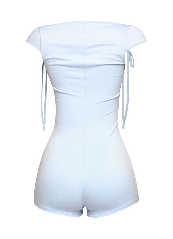 Powder blue fitted romper featuring square neckline and dainty tied shoulders

