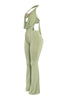 Chartreuse plunging halter jumpsuit in silky stretch fabric for night out

