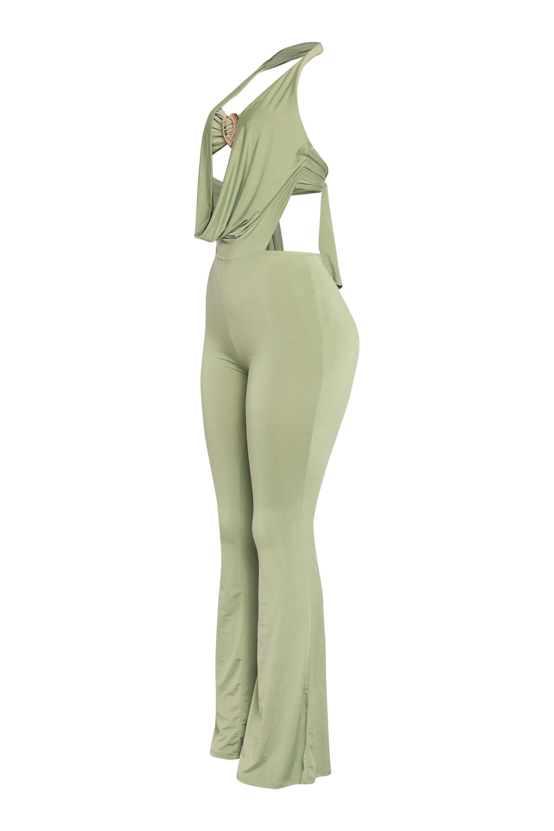 Chartreuse plunging halter jumpsuit in silky stretch fabric for night out


