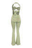 Chartreuse cowl neck halter jumpsuit with flattering wide leg silhouette

