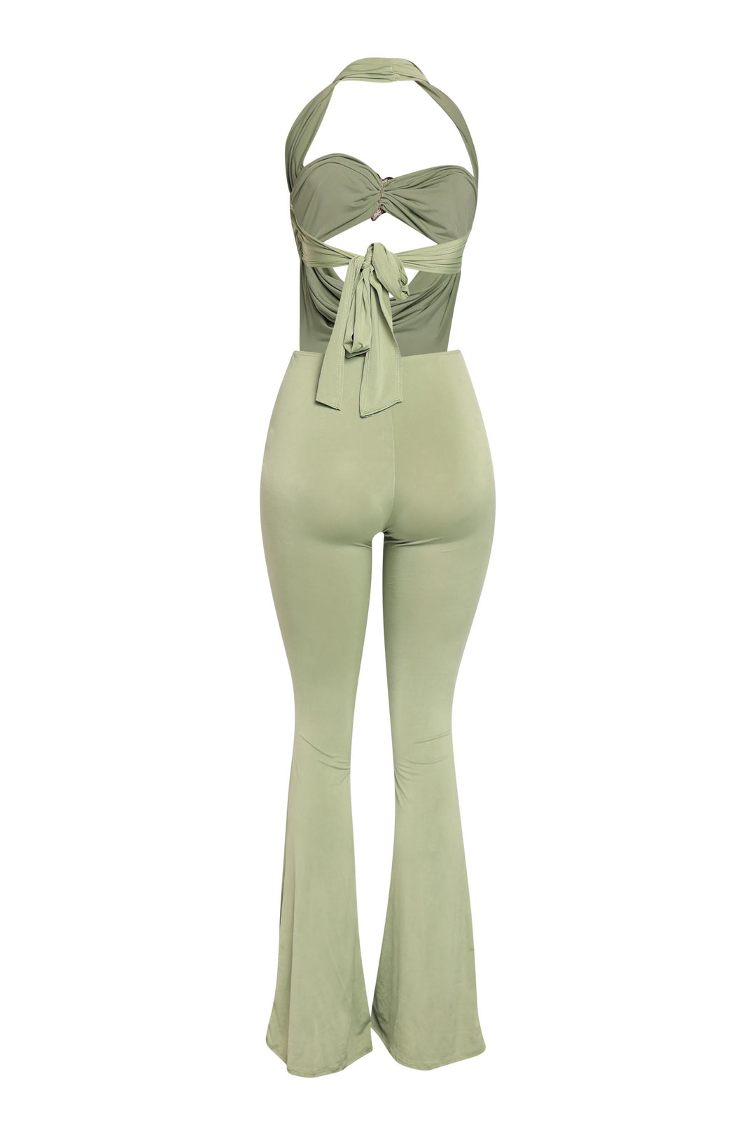 Chartreuse cowl neck halter jumpsuit with flattering wide leg silhouette

