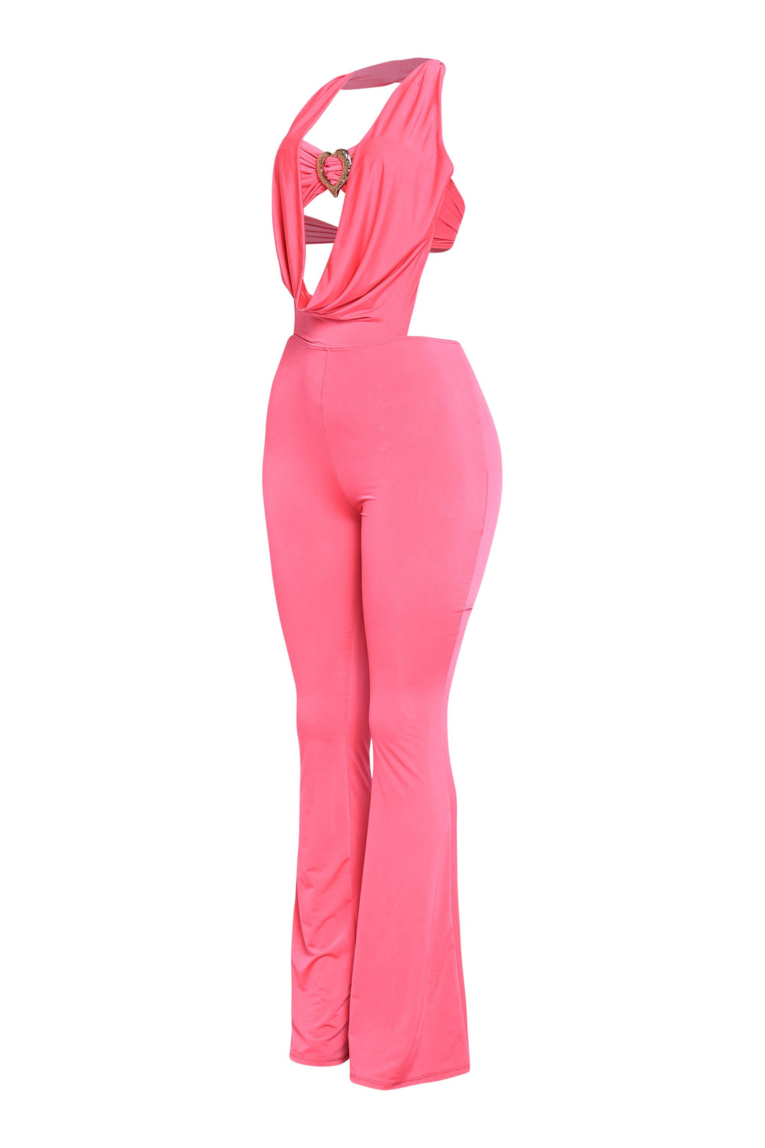 Hot pink plunging halter jumpsuit in vibrant stretch fabric

