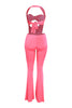 Hot pink cowl neck halter jumpsuit for party look with wide leg fit

