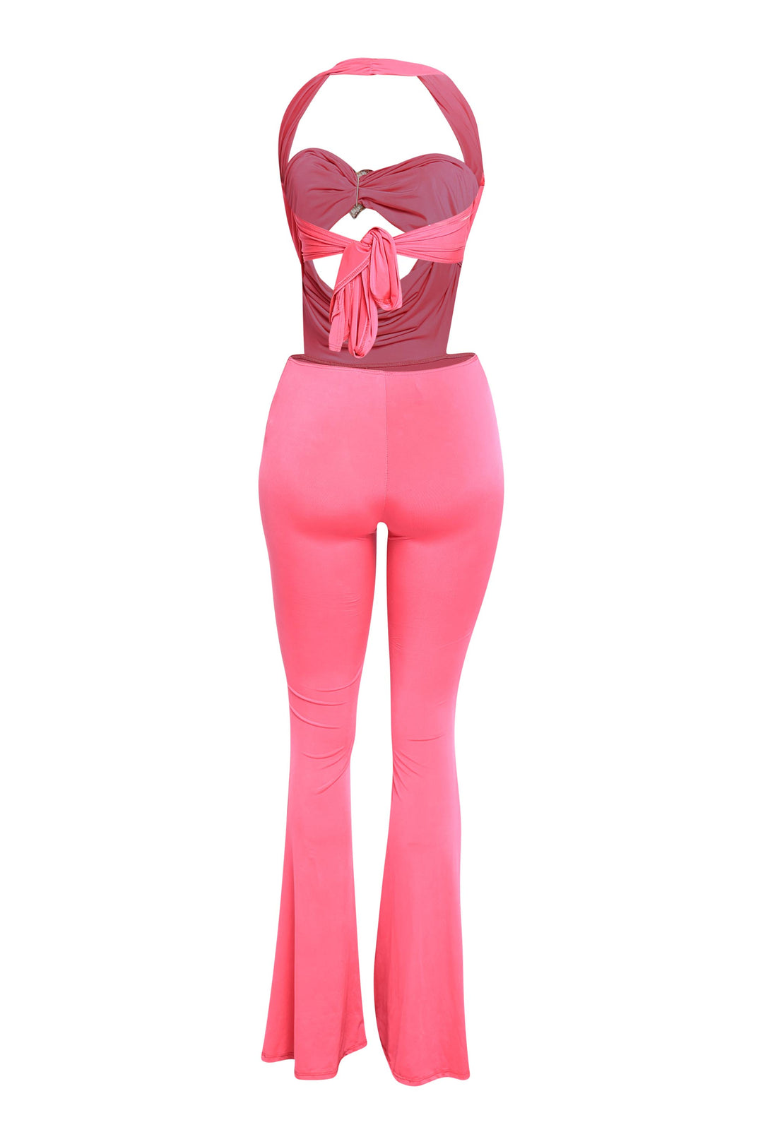 Hot pink cowl neck halter jumpsuit for party look with wide leg fit

