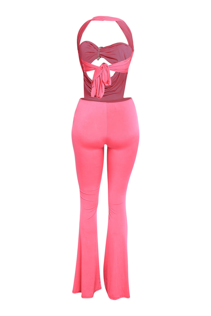 Hot pink cowl neck halter jumpsuit for party look with wide leg fit

