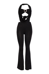 Black deep cowl halter jumpsuit with heart trim and flared leg detail

