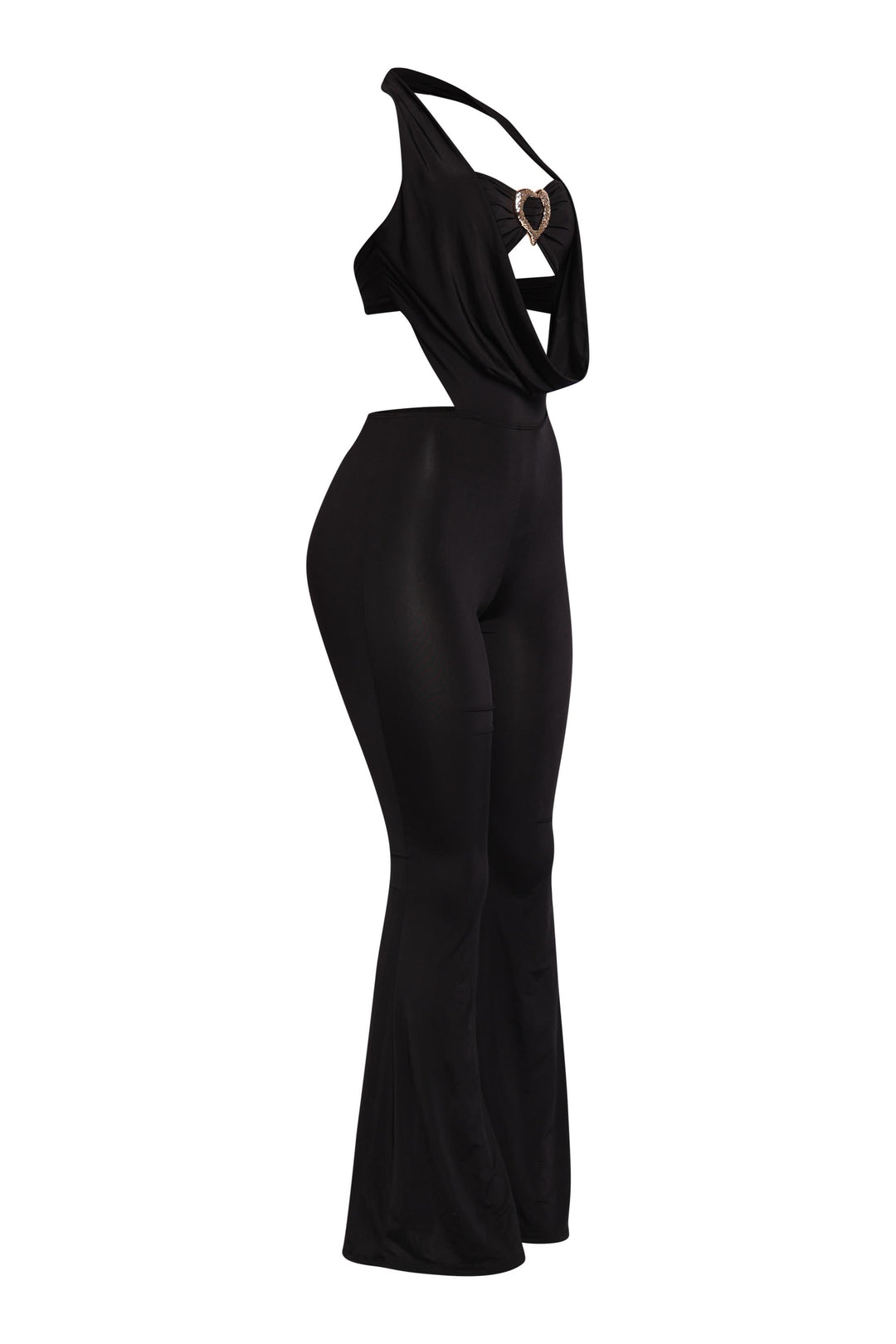 Black cowl neck halter jumpsuit hugs curves with wide leg fit

