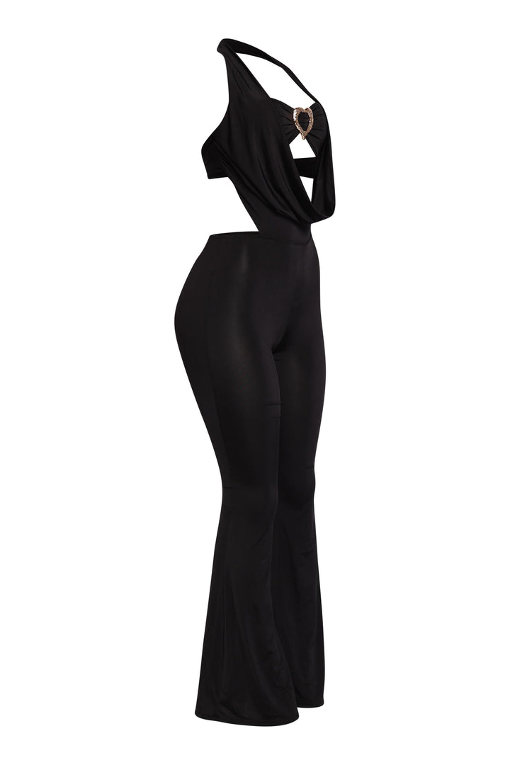 Black cowl neck halter jumpsuit hugs curves with wide leg fit

