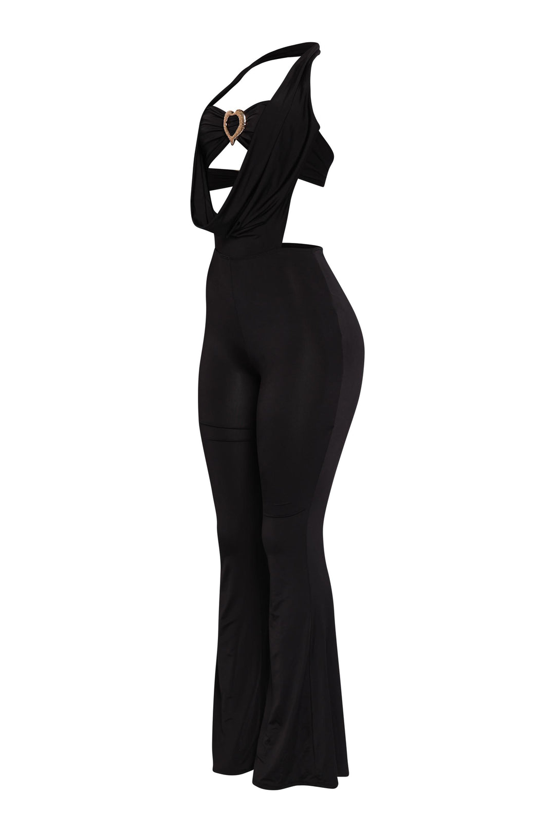 Black plunging neckline halter jumpsuit in shiny stretch fabric

