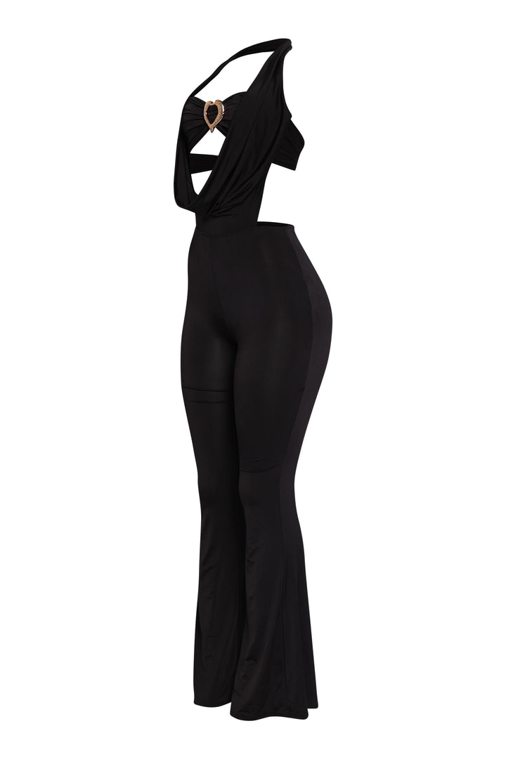 Black plunging neckline halter jumpsuit in shiny stretch fabric

