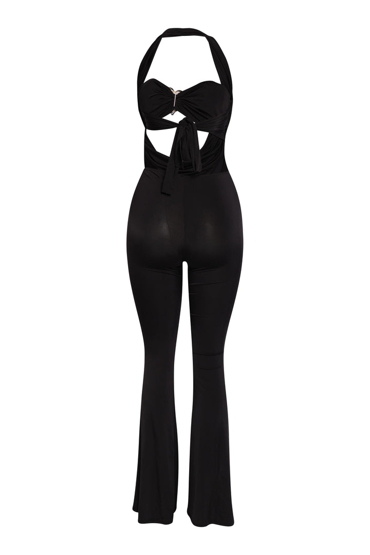 Black halter jumpsuit with sexy open back and tie waist accent

