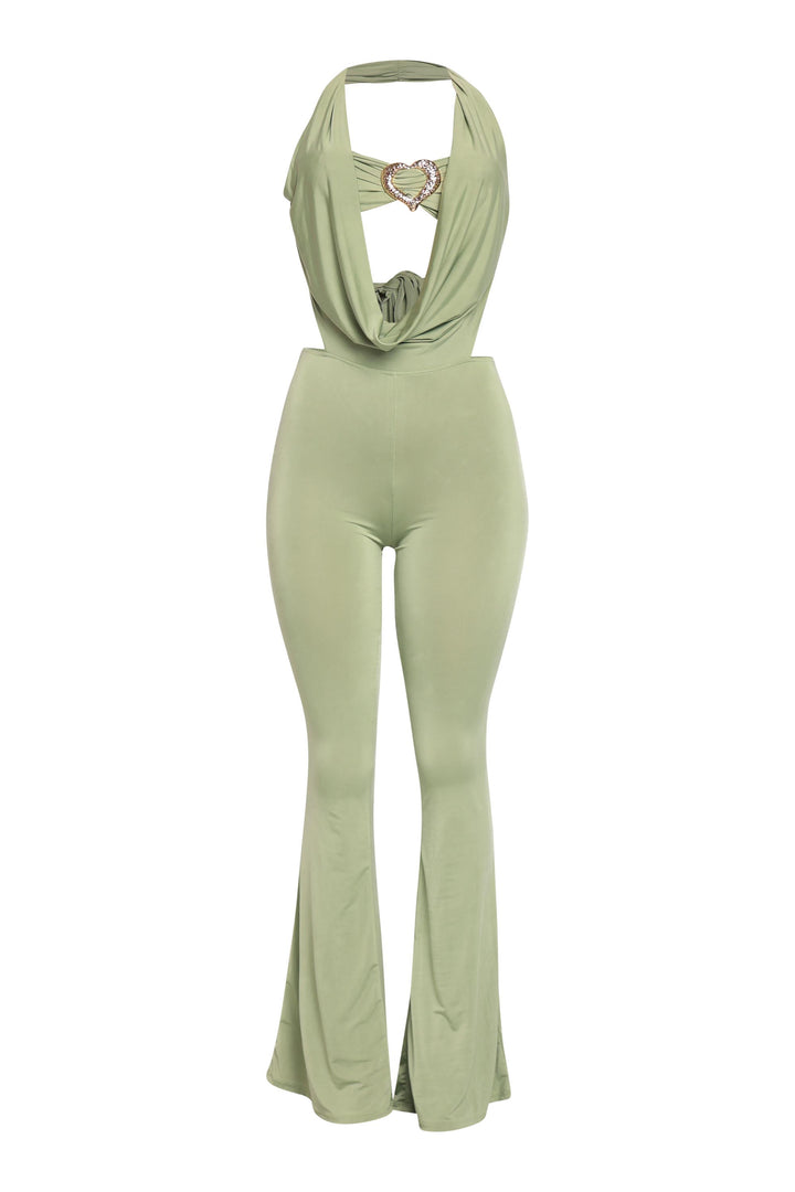Chartreuse deep cowl halter jumpsuit with heart trim and flared leg detail

