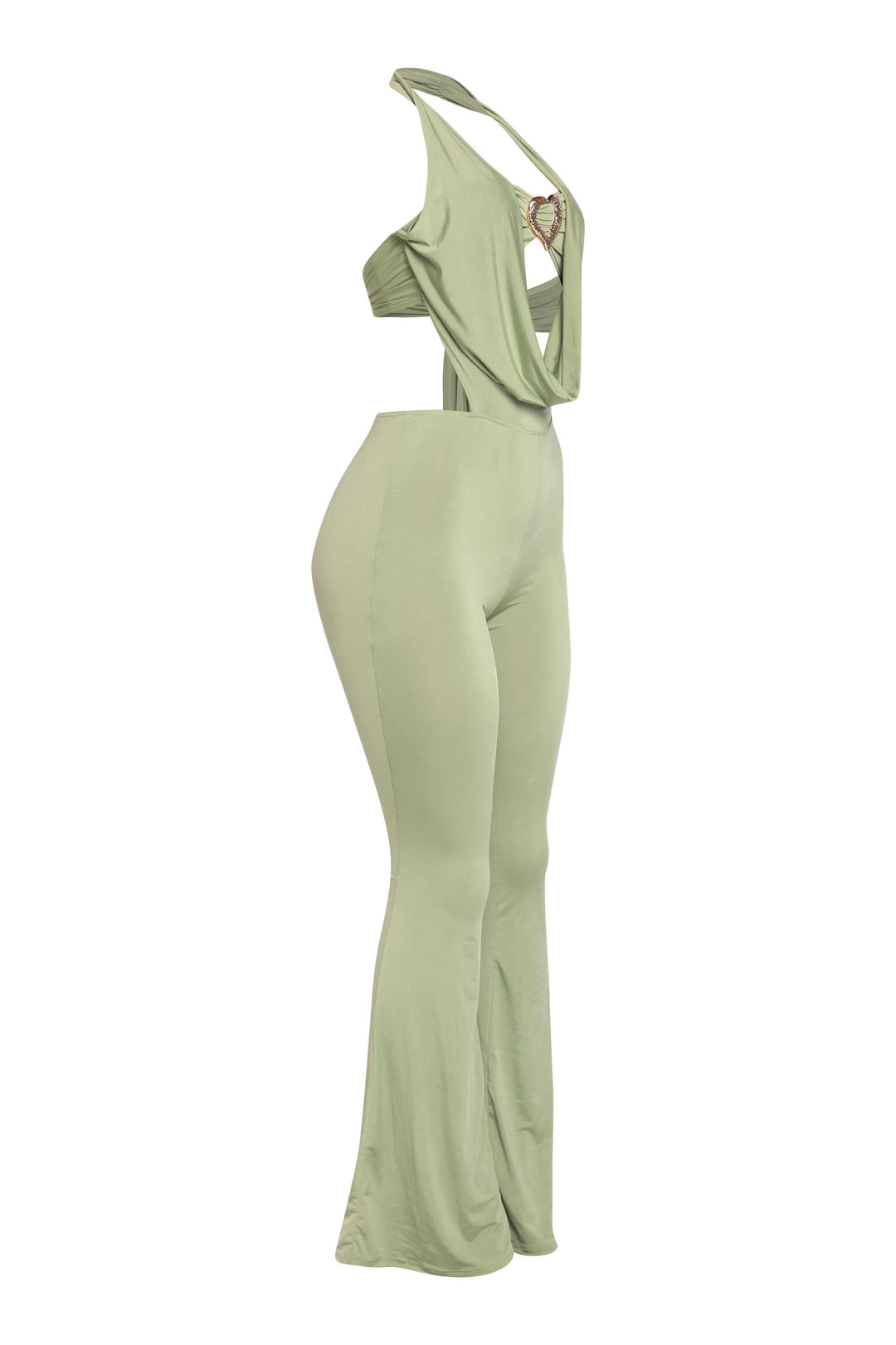 Chartreuse halter jumpsuit with open back tie detail and slim waist fit

