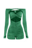 Kelly green one-piece with ruched skirt and halter tie back

