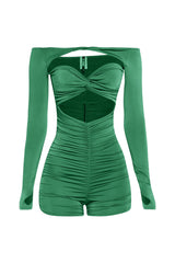 Kelly green one-piece with ruched skirt and halter tie back


