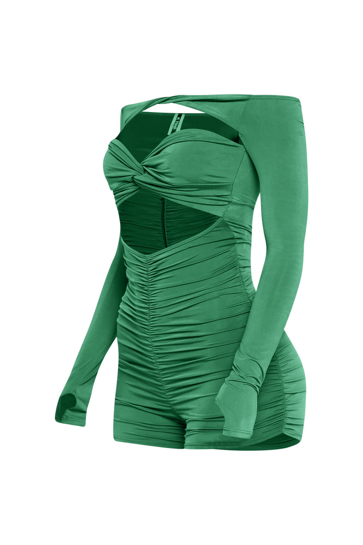 Bright green long sleeve romper with cowl neckline and gold trim

