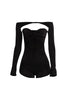 Black halter one-piece with cowl neckline and ruched mini skirt

