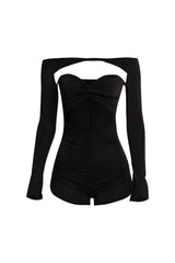 Black halter one-piece with cowl neckline and ruched mini skirt

