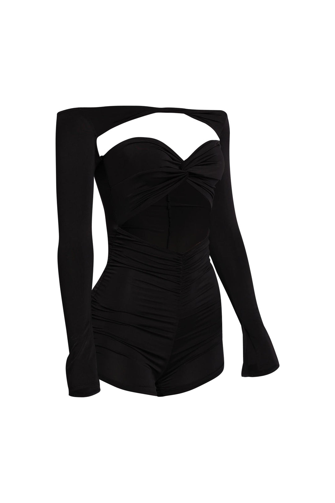 Elegant black long sleeve set with gold detail and draped front

