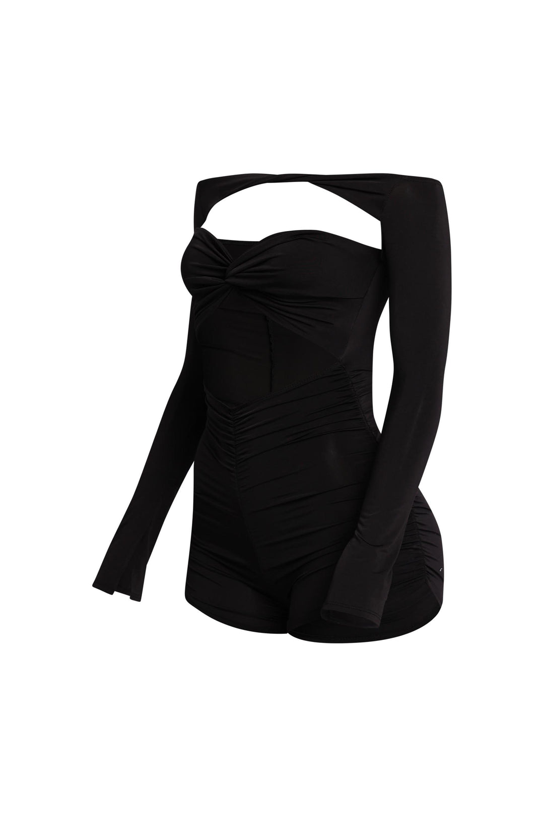 Bodycon black cowl halter dress with ruched fit and glam trim

