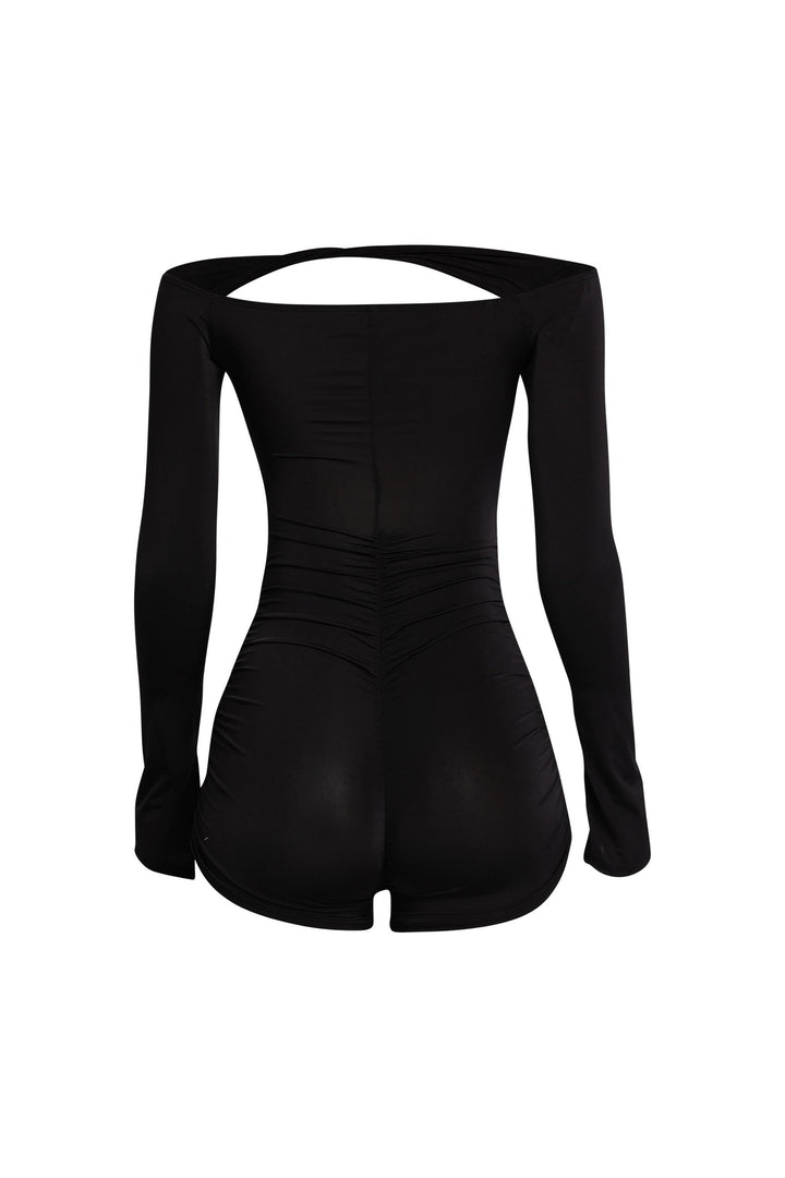 Sleek black one-piece featuring open back tie and starfish trim

