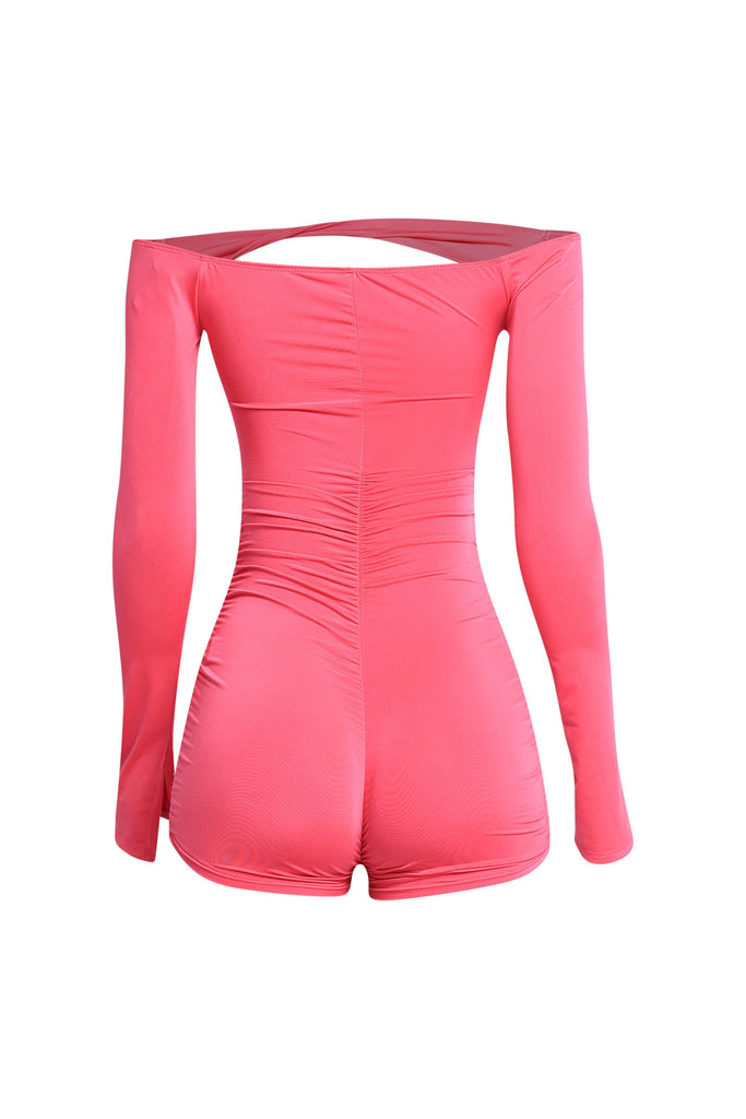 Hot pink halter one-piece with ruched skirt and cowl neckline


