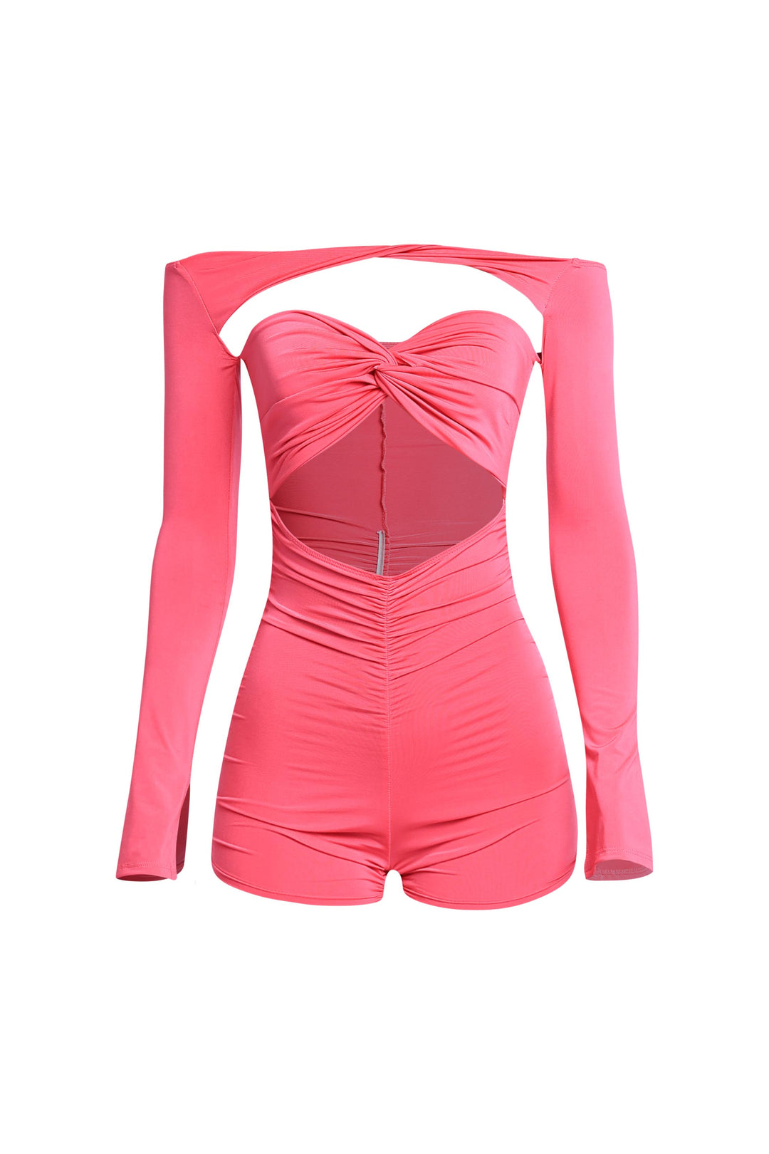 Bold pink one-piece featuring tie back, gold star trim, and sleeves

