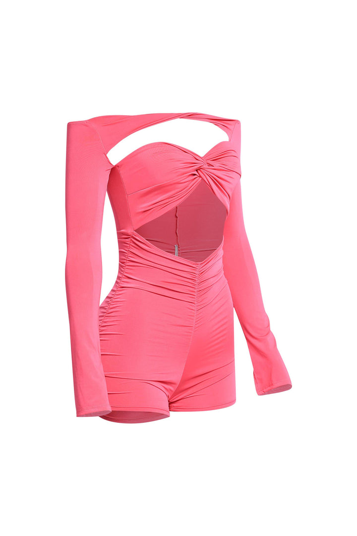 Flirty hot pink long sleeve romper with draped neckline

