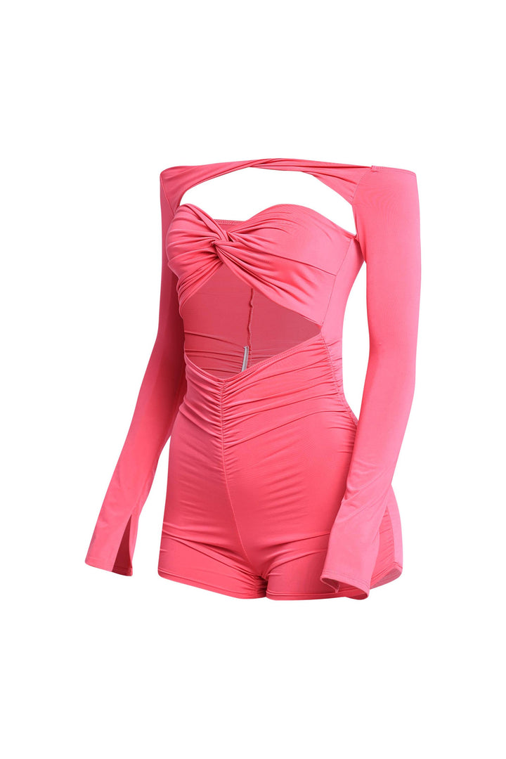 Stretchy pink glam dress with ruched body and open back

