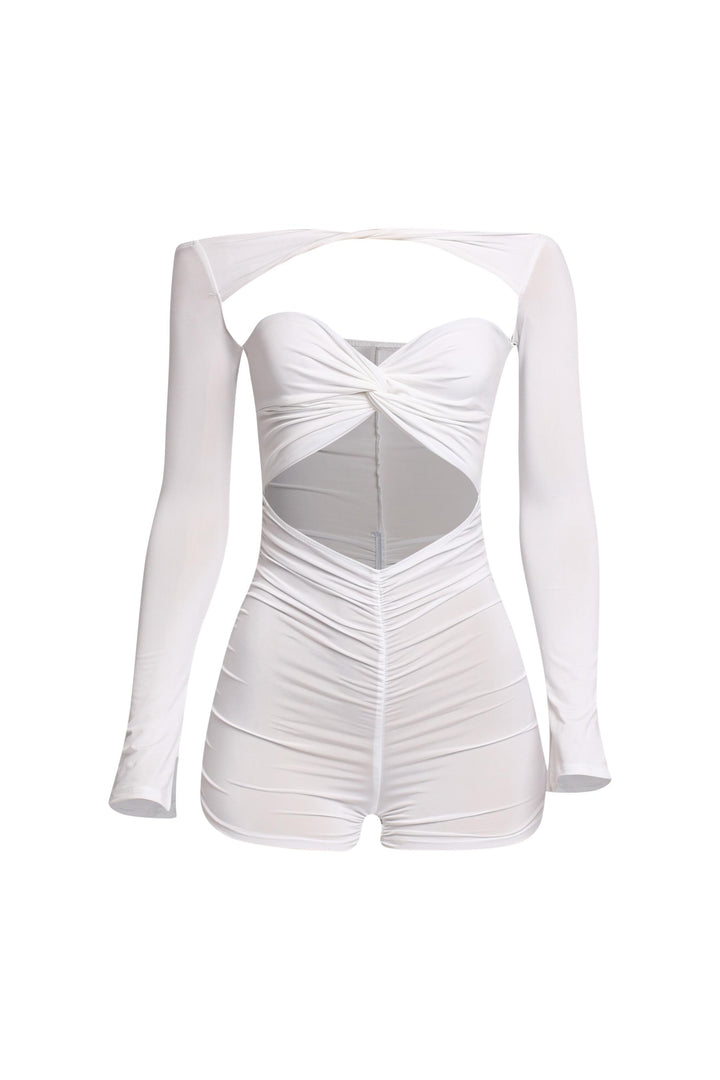 Ivory ruched one-piece with gold starfish trim and open back

