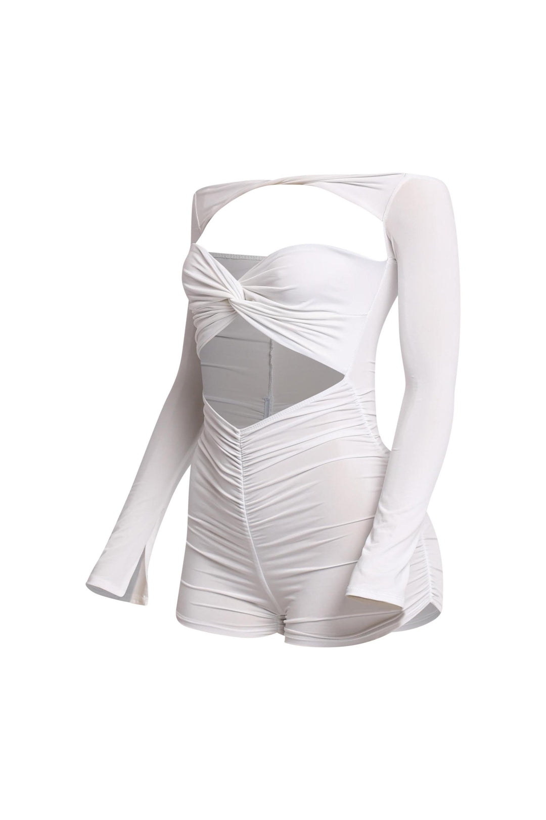 Chic ivory long sleeve dress set with draped neckline

