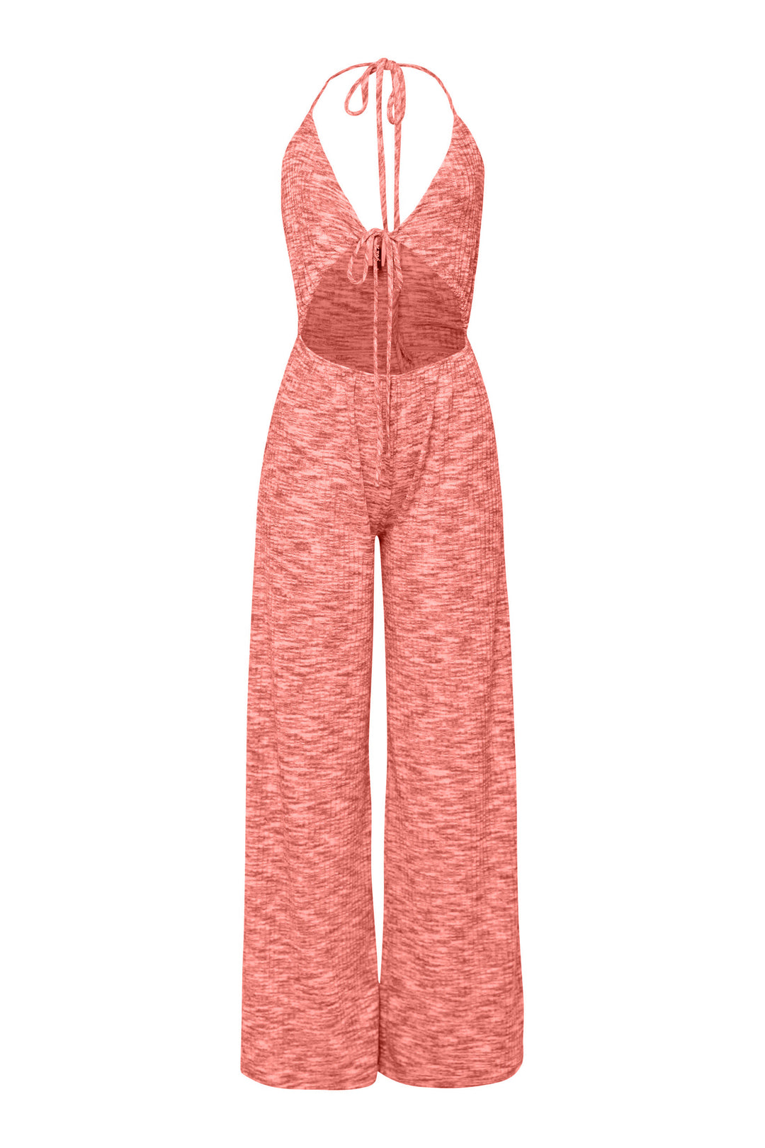 Coral halter jumpsuit with cut out front and wide leg silhouette