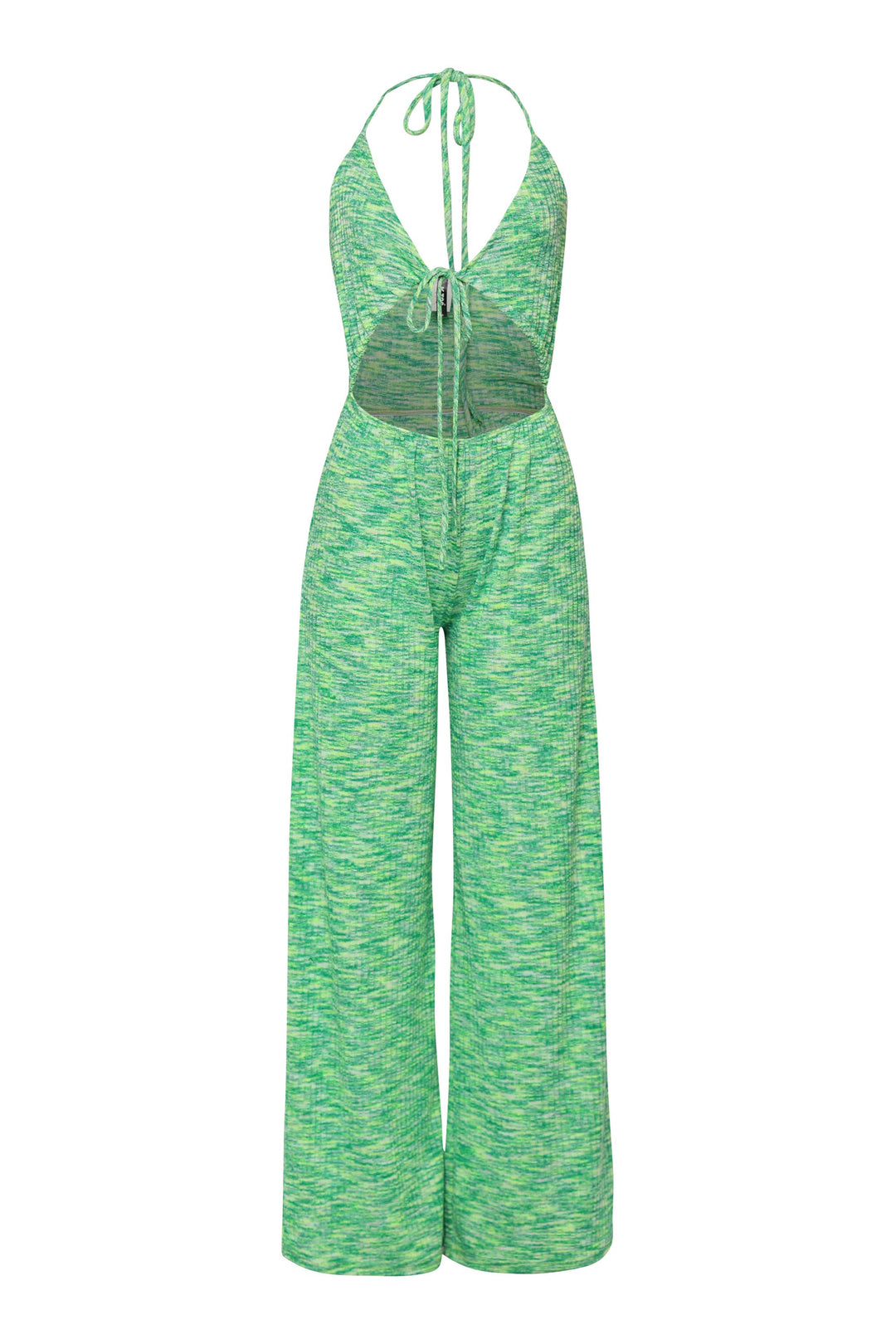 Green halter jumpsuit with wide leg fit and front cutout design