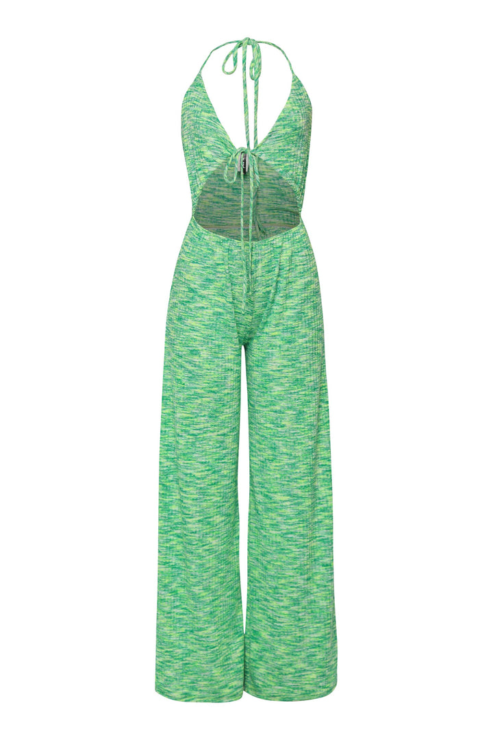 Green halter jumpsuit with wide leg fit and front cutout design