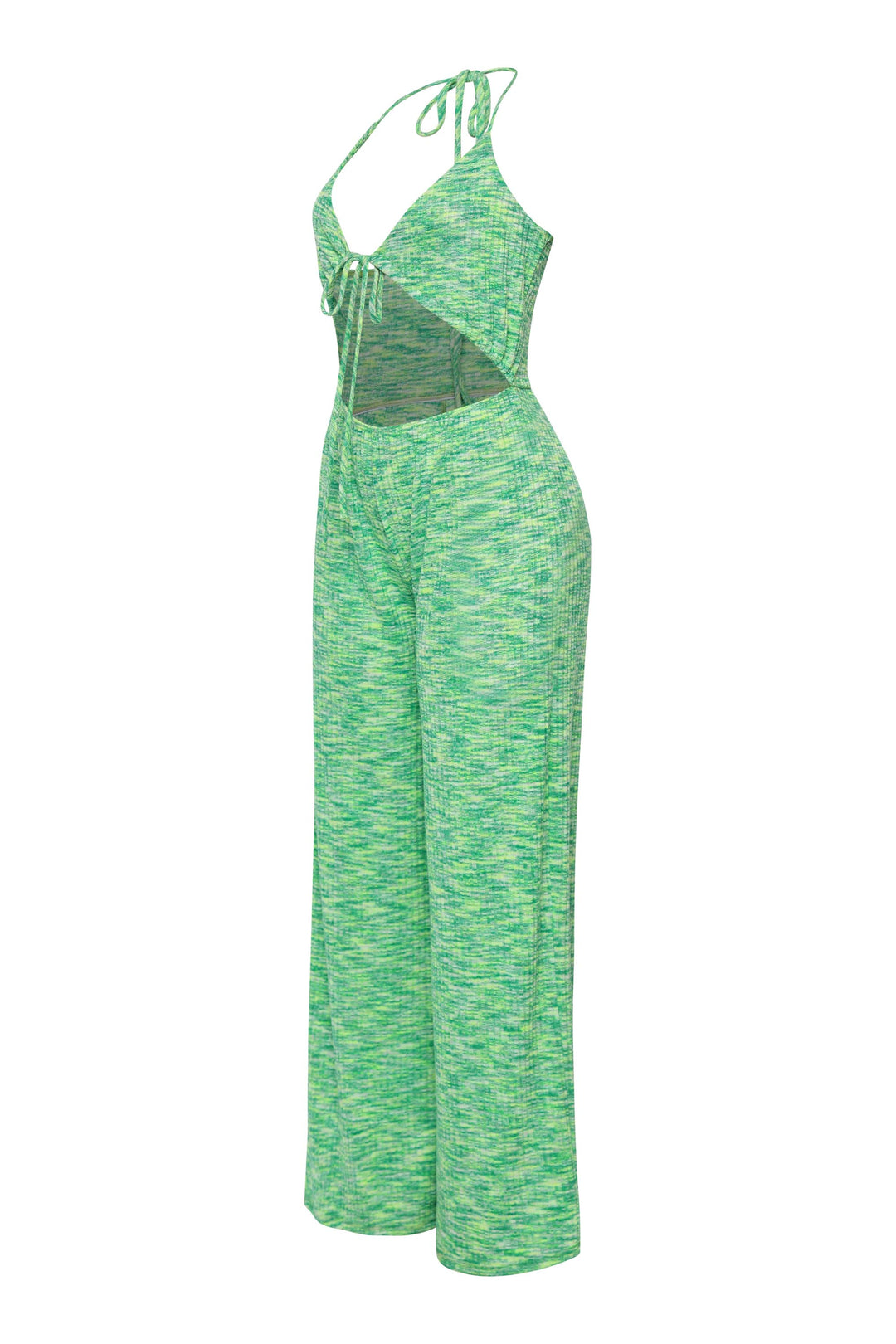 Soft stretch green wide leg jumpsuit with bold cutout feature