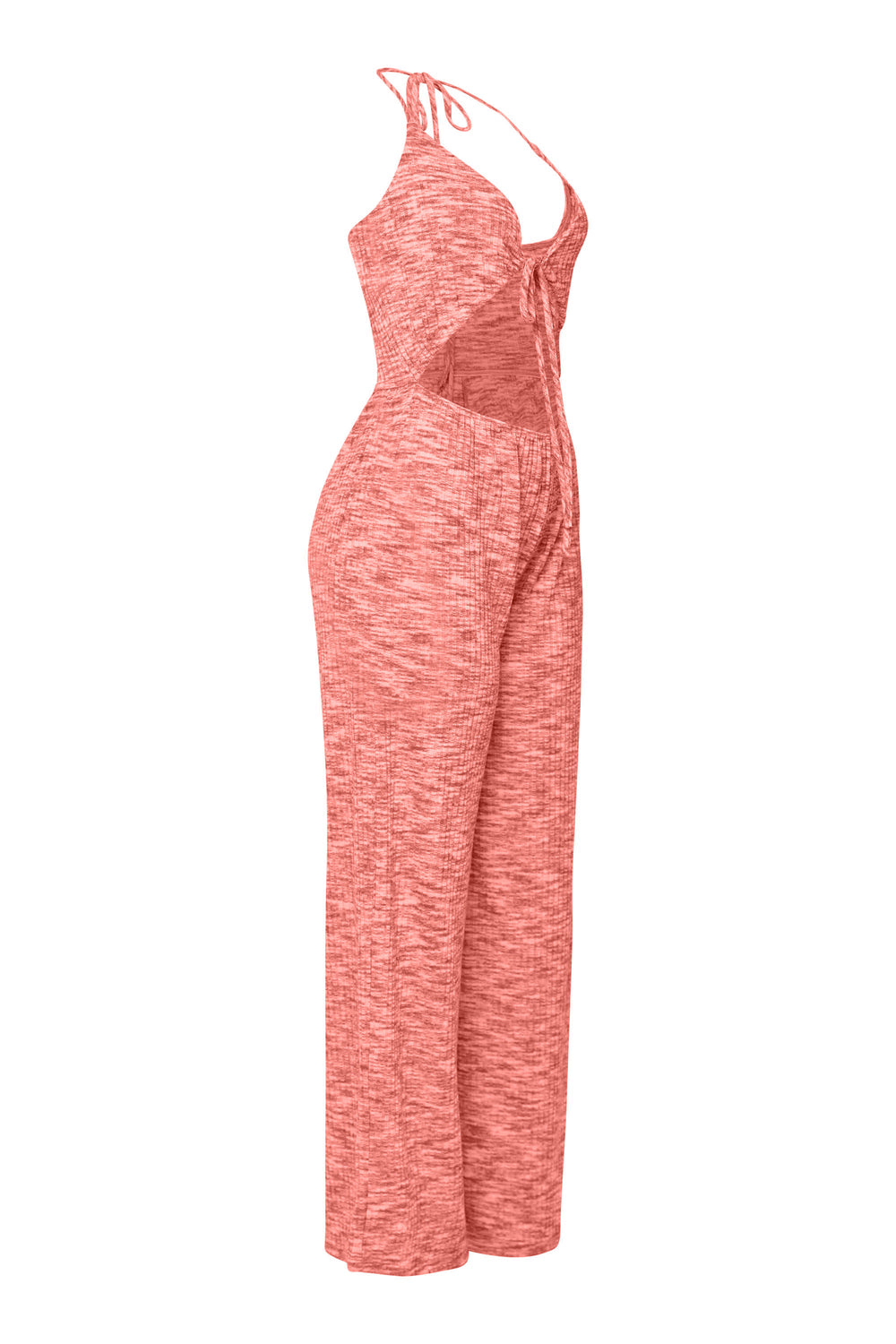 Stretch coral jumpsuit with relaxed fit and skin-baring detail