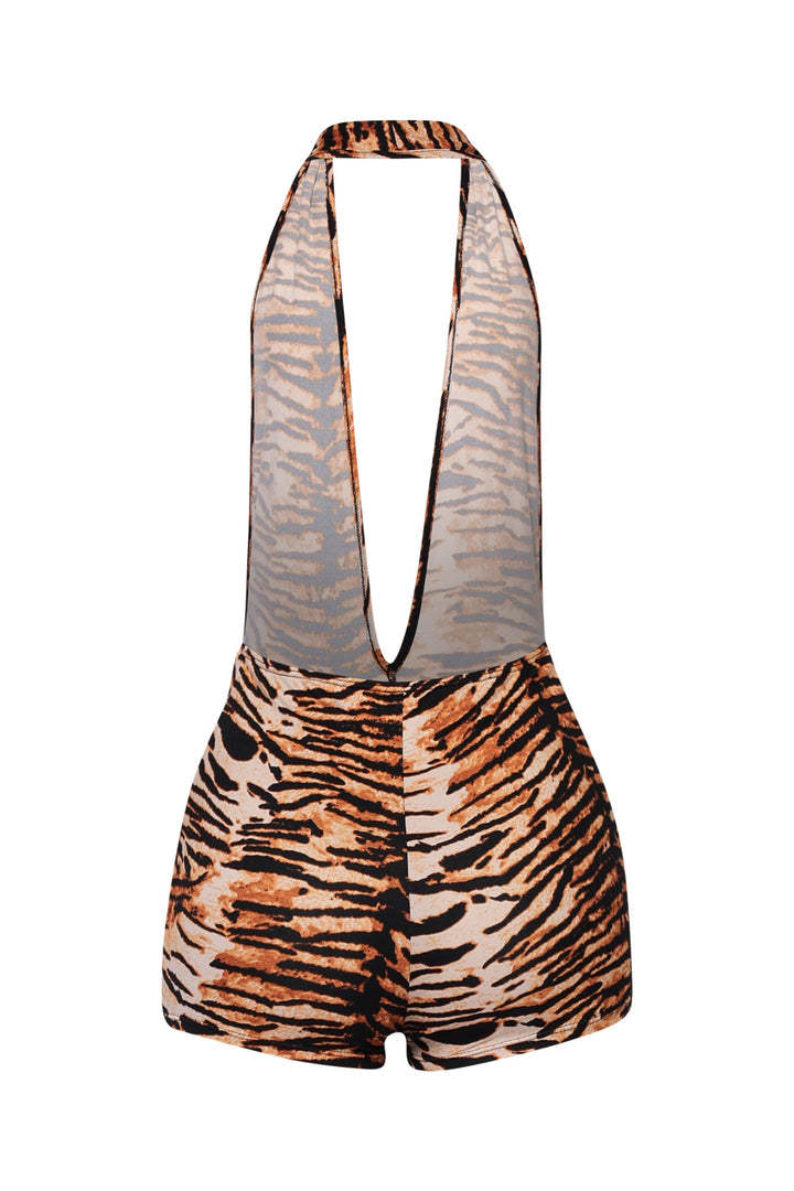 • Sleeveless tiger print romper with low rise cut and stretch fabric
