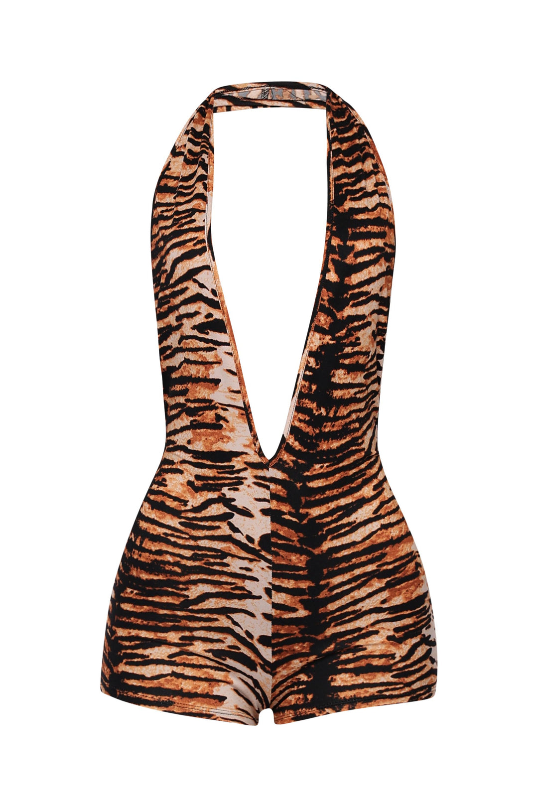 Tiger print halter romper with plunging V neckline and fitted waist