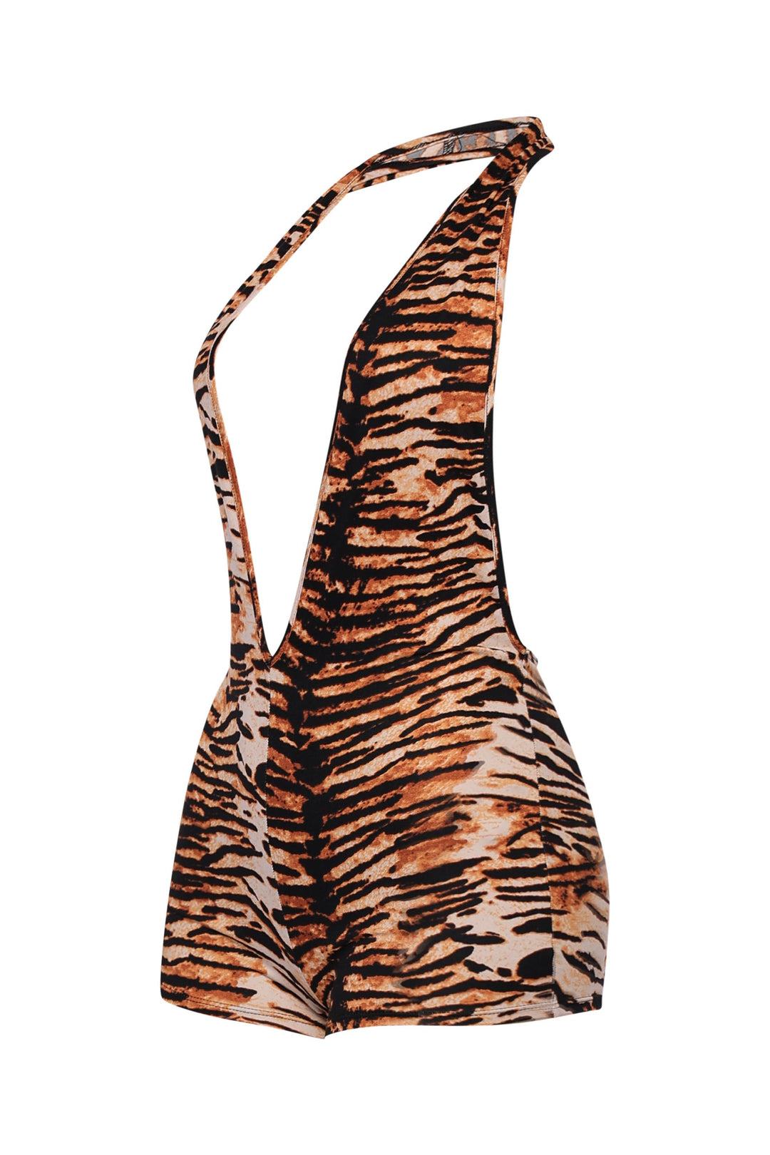 • One-piece tiger print halter romper with curve-hugging fit and bold pattern

