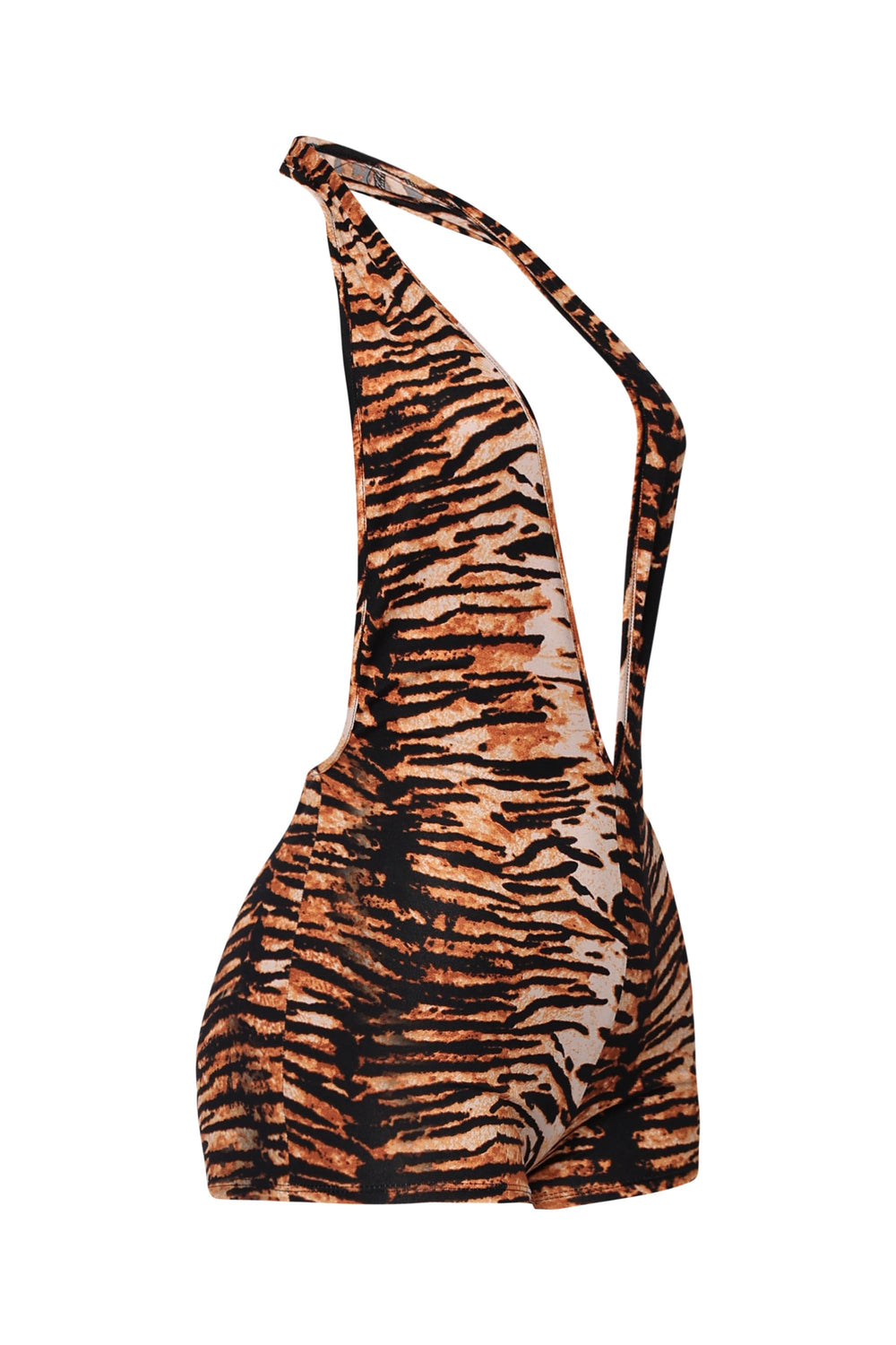  Deep V tiger print romper with open back and bodycon silhouette
