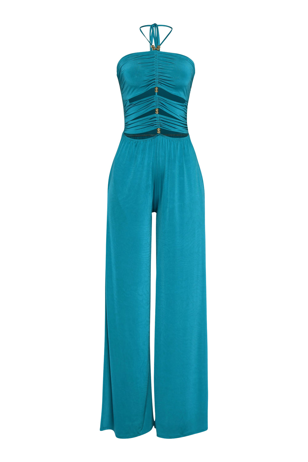 Teal halter wide leg jumpsuit with plunging cutout neckline