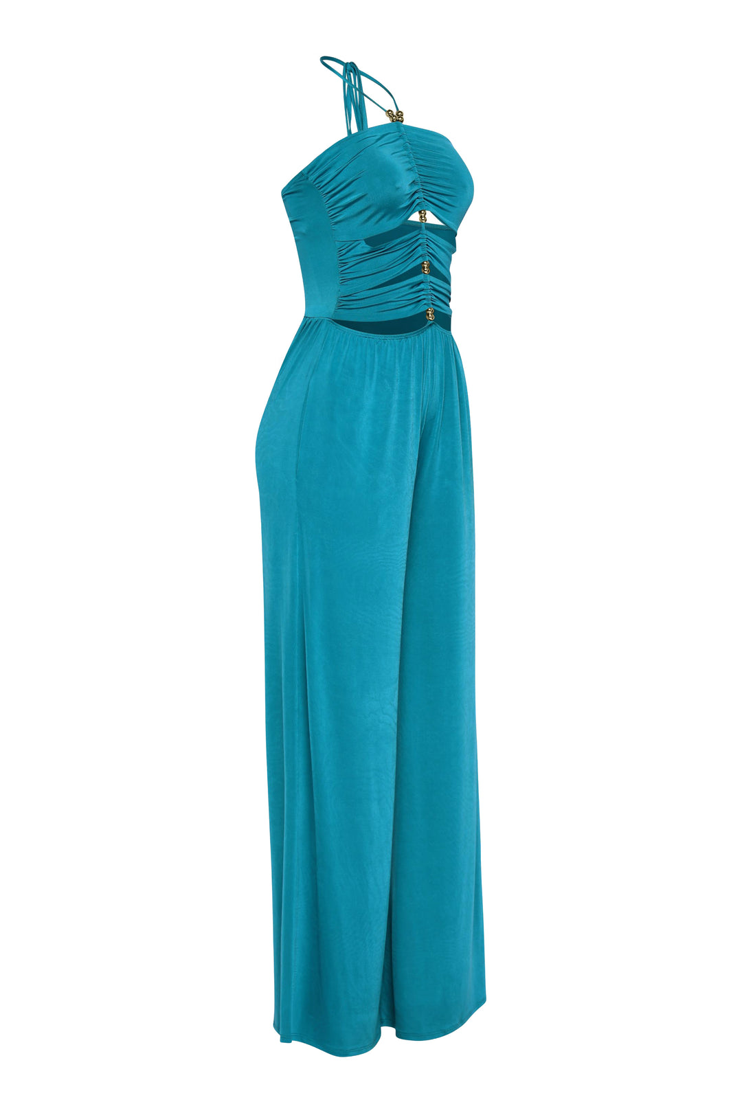  Rich teal jumpsuit with relaxed fit, sleeveless cut, and flared legs