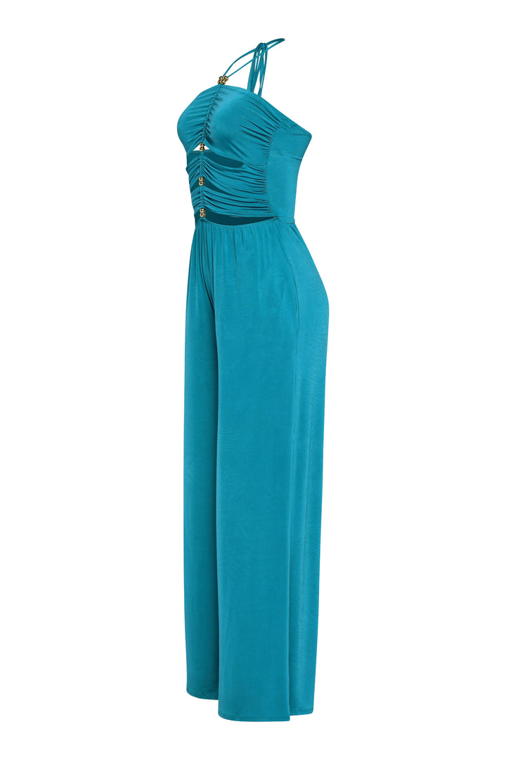 Stretchy teal jumpsuit with front trim cutout and soft drape